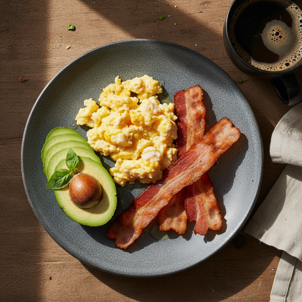 Keto breakfast with scrambled eggs, bacon, and avocado
