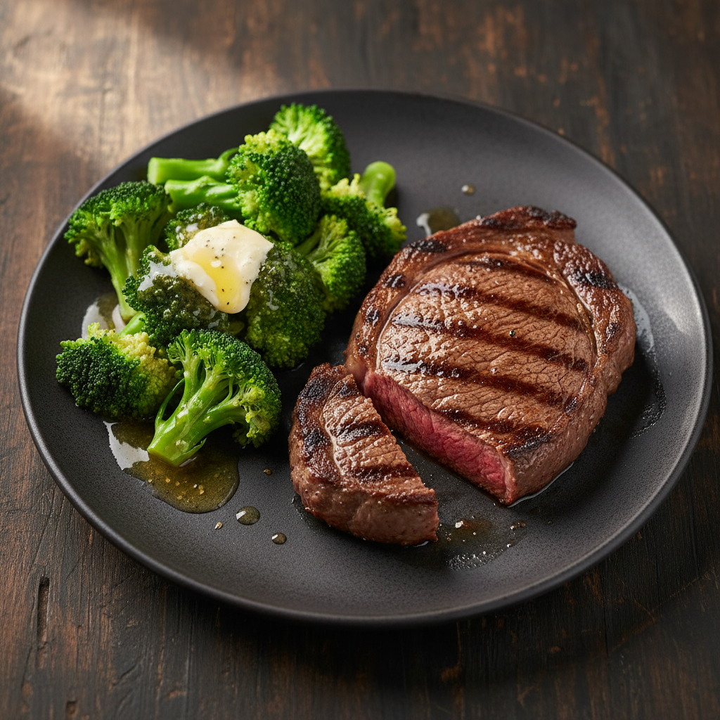 Grilled ribeye steak with broccoli and butter